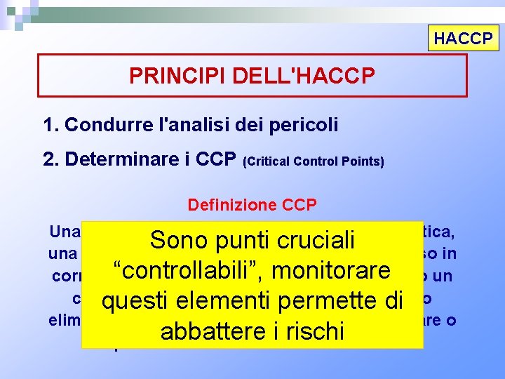 HACCP PRINCIPI DELL'HACCP 1. Condurre l'analisi dei pericoli 2. Determinare i CCP (Critical Control