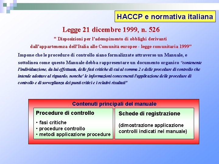 HACCP e normativa italiana Legge 21 dicembre 1999, n. 526 " Disposizioni per l'adempimento