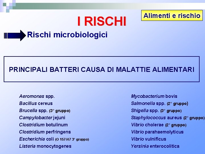 I RISCHI Alimenti e rischio Rischi microbiologici PRINCIPALI BATTERI CAUSA DI MALATTIE ALIMENTARI Aeromonas