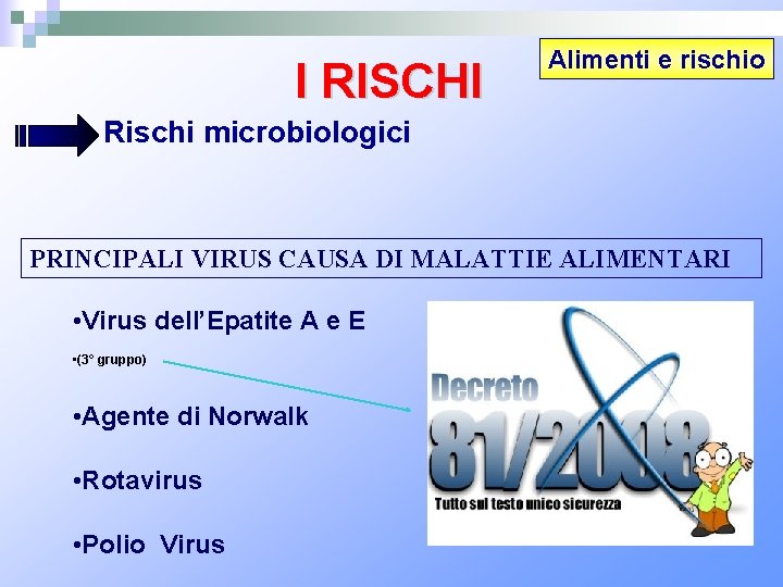 I RISCHI Alimenti e rischio Rischi microbiologici PRINCIPALI VIRUS CAUSA DI MALATTIE ALIMENTARI •