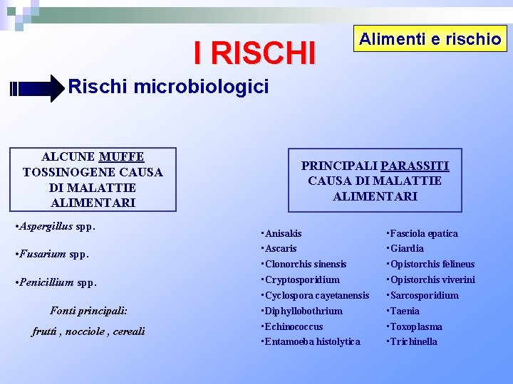 I RISCHI Alimenti e rischio Rischi microbiologici ALCUNE MUFFE TOSSINOGENE CAUSA DI MALATTIE ALIMENTARI