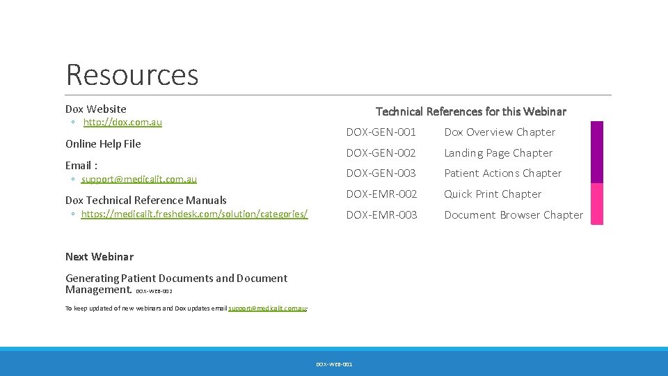 Resources Dox Website ◦ http: //dox. com. au Online Help File Email : ◦