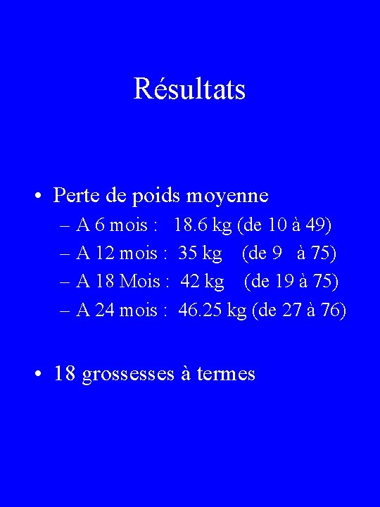 Résultats • Perte de poids moyenne – A 6 mois : 18. 6 kg