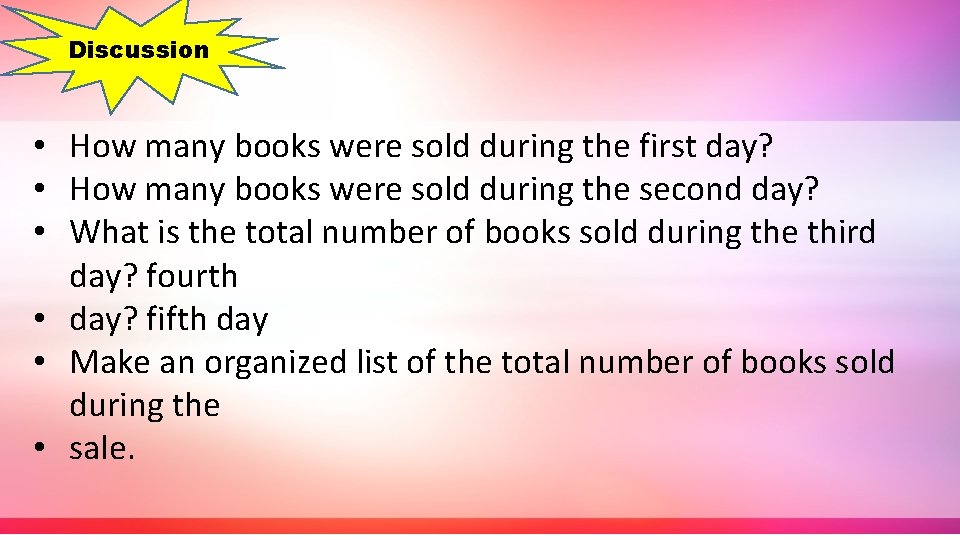 Discussion • How many books were sold during the first day? • How many