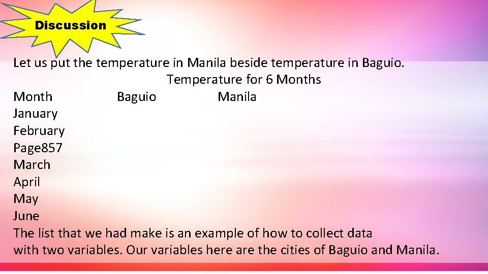 Discussion Let us put the temperature in Manila beside temperature in Baguio. Temperature for