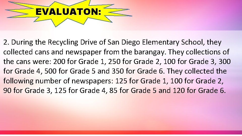 EVALUATON: 2. During the Recycling Drive of San Diego Elementary School, they collected cans