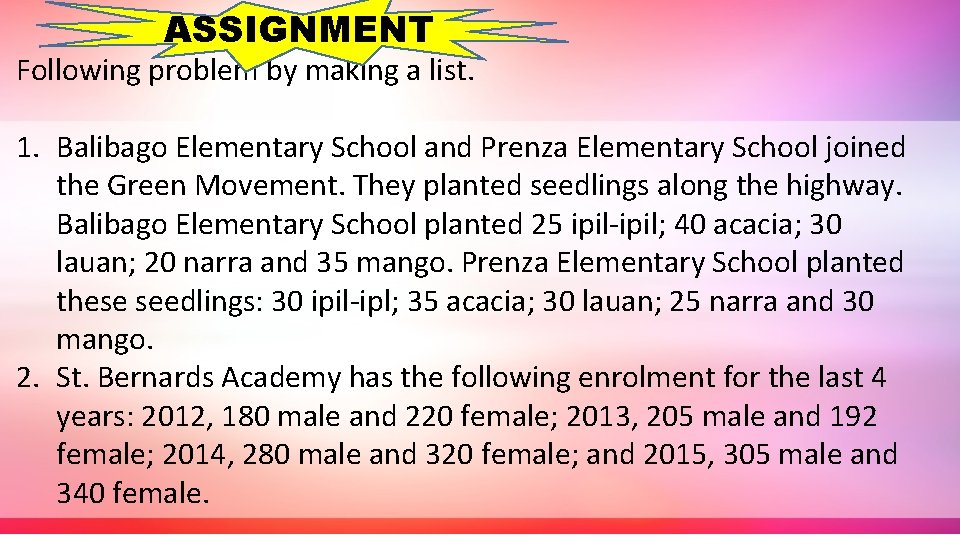 ASSIGNMENT Following problem by making a list. 1. Balibago Elementary School and Prenza Elementary