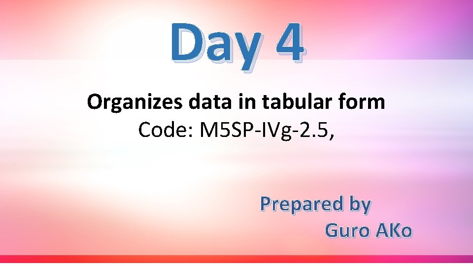 Day 4 Organizes data in tabular form Code: M 5 SP-IVg-2. 5, Prepared by