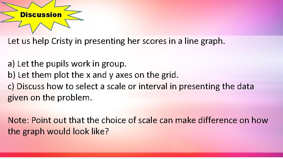 Discussion Let us help Cristy in presenting her scores in a line graph. a)