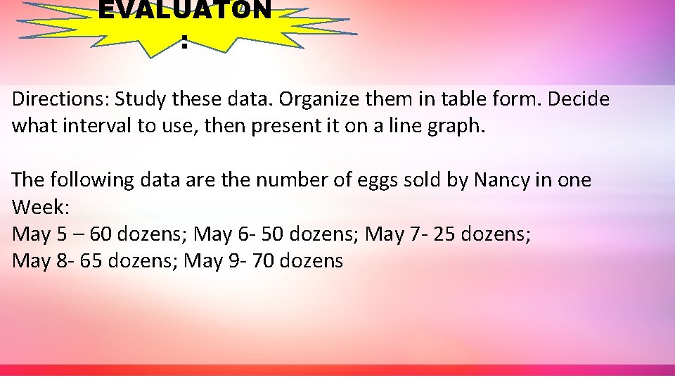 EVALUATON : Directions: Study these data. Organize them in table form. Decide what interval