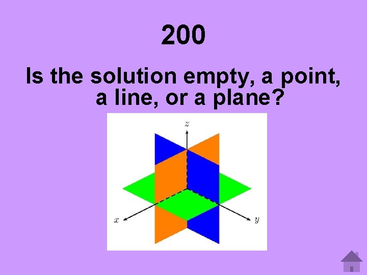 200 Is the solution empty, a point, a line, or a plane? 200 Is the solution empty, a point, a line, or a plane?
