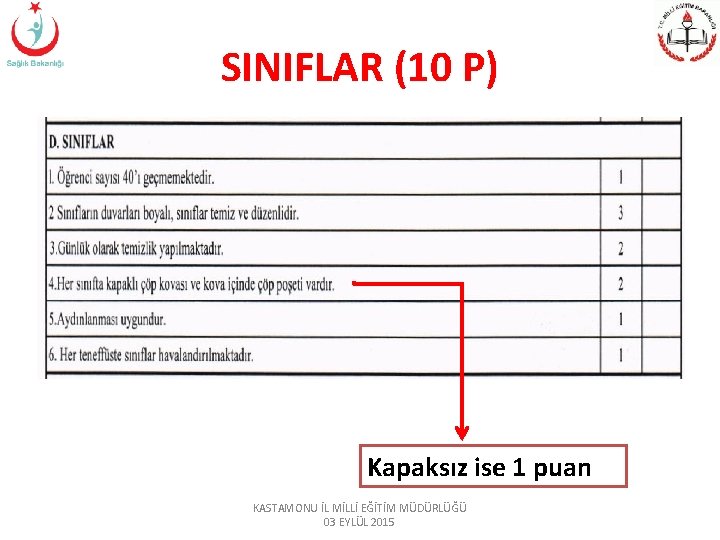 SINIFLAR (10 P) Kapaksız ise 1 puan KASTAMONU İL MİLLİ EĞİTİM MÜDÜRLÜĞÜ 03 EYLÜL