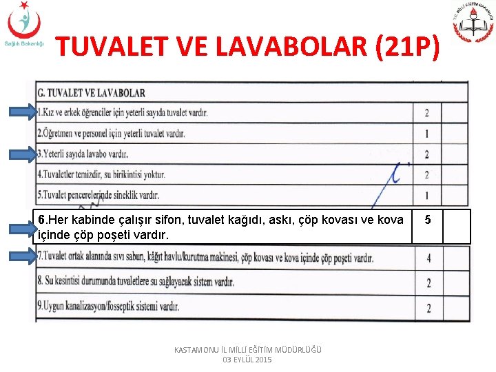 TUVALET VE LAVABOLAR (21 P) 6. Her kabinde çalışır sifon, tuvalet kağıdı, askı, çöp