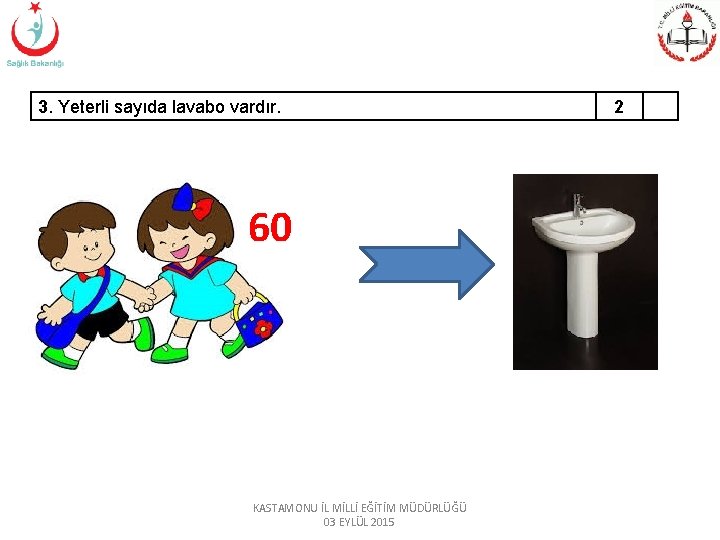 3. Yeterli sayıda lavabo vardır. 60 KASTAMONU İL MİLLİ EĞİTİM MÜDÜRLÜĞÜ 03 EYLÜL 2015