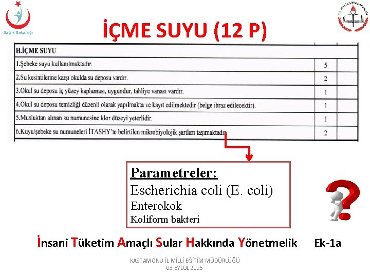 İÇME SUYU (12 P) Parametreler: Escherichia coli (E. coli) Enterokok Koliform bakteri İnsani Tüketim