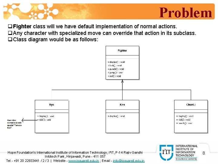 Problem q Fighter class will we have default implementation of normal actions. q Any