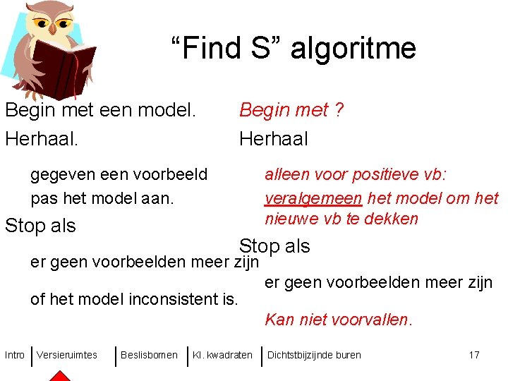 “Find S” algoritme Begin met een model. Herhaal. Begin met ? Herhaal gegeven een