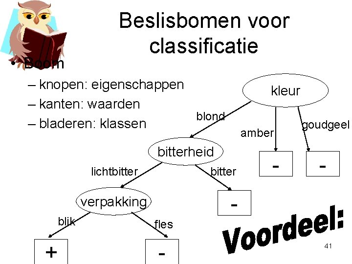  • Boom Beslisbomen voor classificatie – knopen: eigenschappen – kanten: waarden blond –