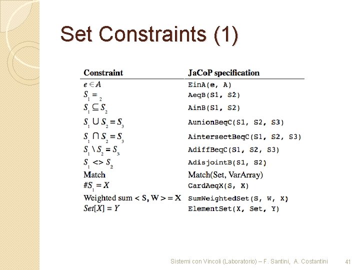 Set Constraints (1) Sistemi con Vincoli (Laboratorio) – F. Santini, A. Costantini 41 