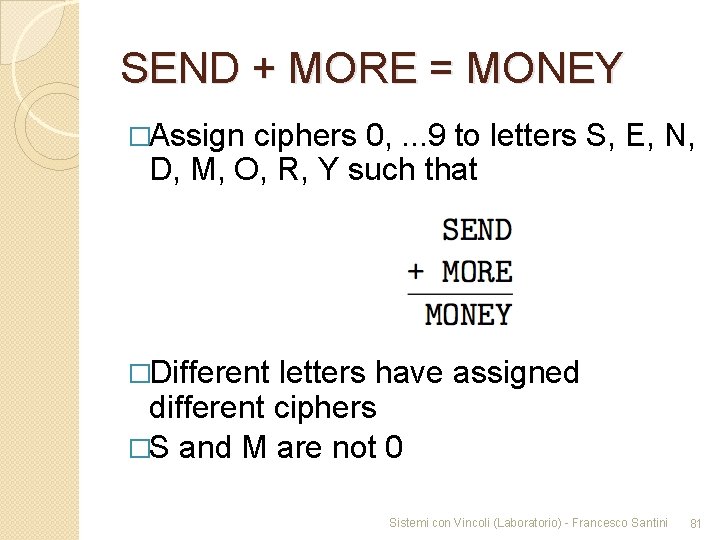 SEND + MORE = MONEY �Assign ciphers 0, . . . 9 to letters