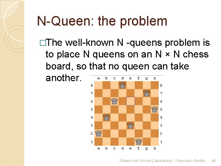 N-Queen: the problem �The well-known N -queens problem is to place N queens on