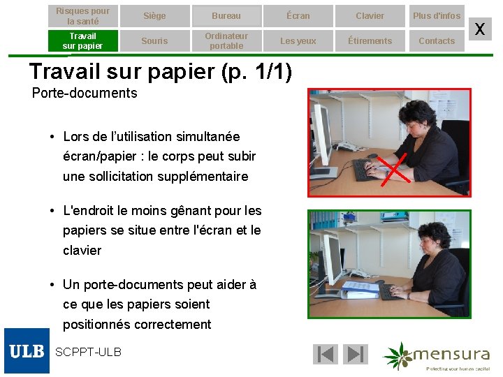 Risques pour la santé Siège Bureau Écran Clavier Plus d'infos Travail sur papier Souris