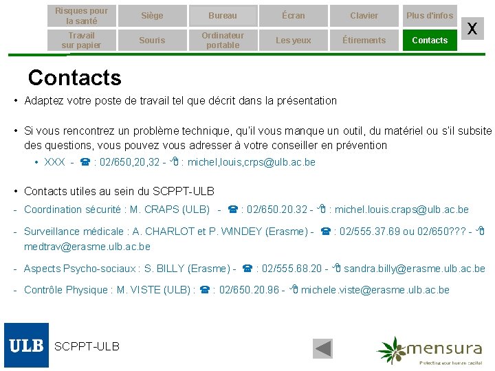 Risques pour la santé Siège Bureau Écran Clavier Plus d'infos Travail sur papier Souris