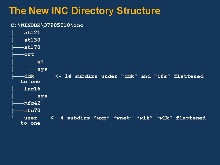 The New INC Directory Structure C: WINDDK37905018inc ├───atl 21 ├───atl 30 ├───atl 70 ├───crt