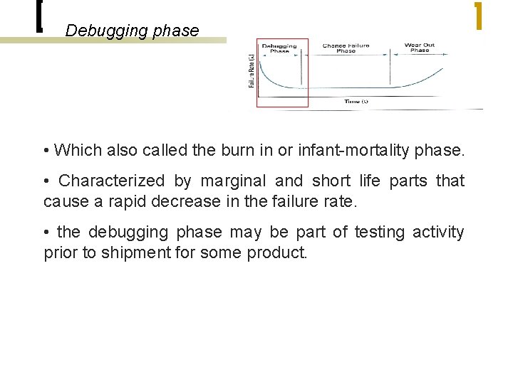 Debugging phase • Which also called the burn in or infant-mortality phase. • Characterized
