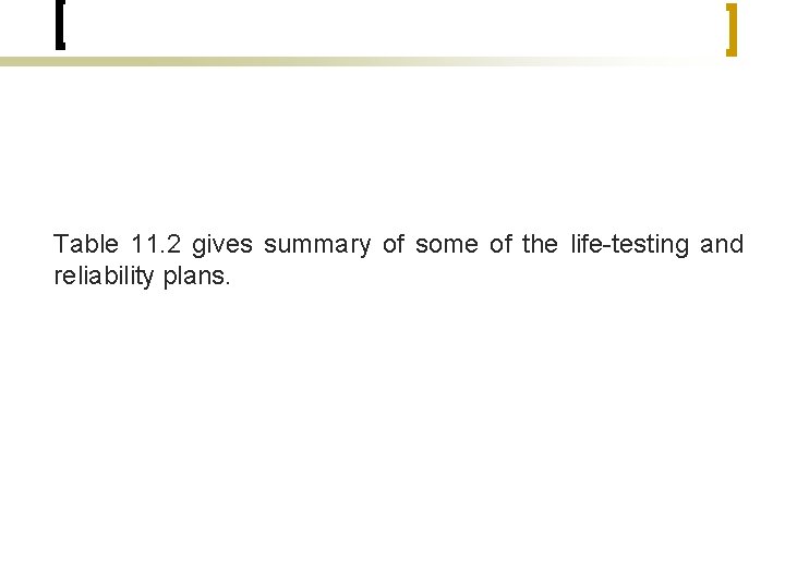 Table 11. 2 gives summary of some of the life-testing and reliability plans. 