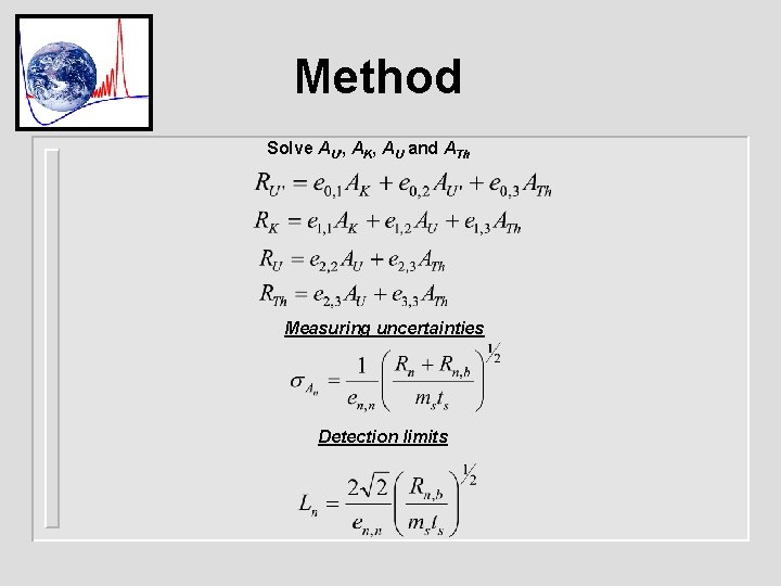 Method Solve AU’, AK, AU and ATh Measuring uncertainties Detection limits 
