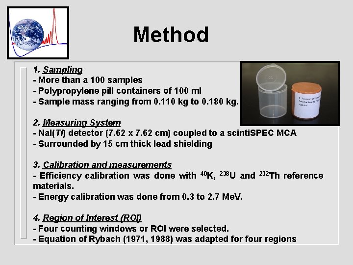 Method 1. Sampling - More than a 100 samples - Polypropylene pill containers of