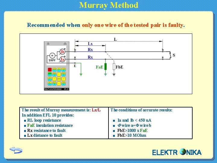 Murray Method Recommended when only one wire of the tested pair is faulty. The