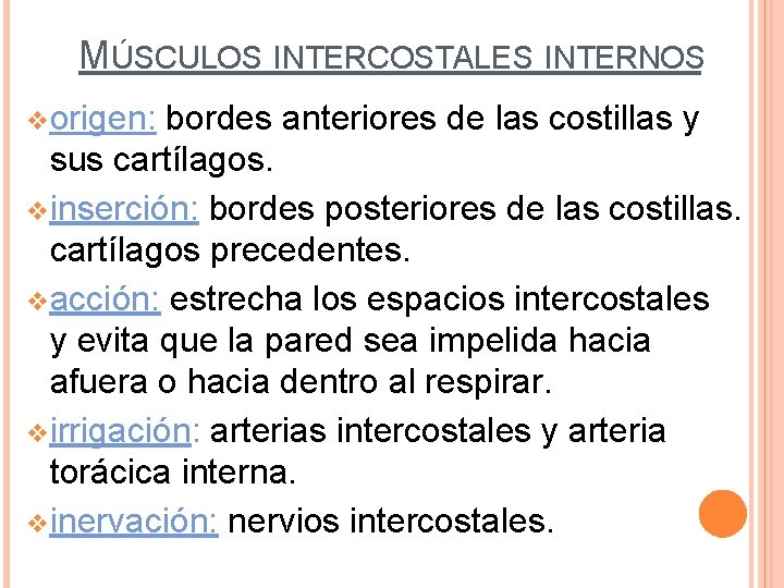 MÚSCULOS INTERCOSTALES INTERNOS v origen: bordes anteriores de las costillas y sus cartílagos. v