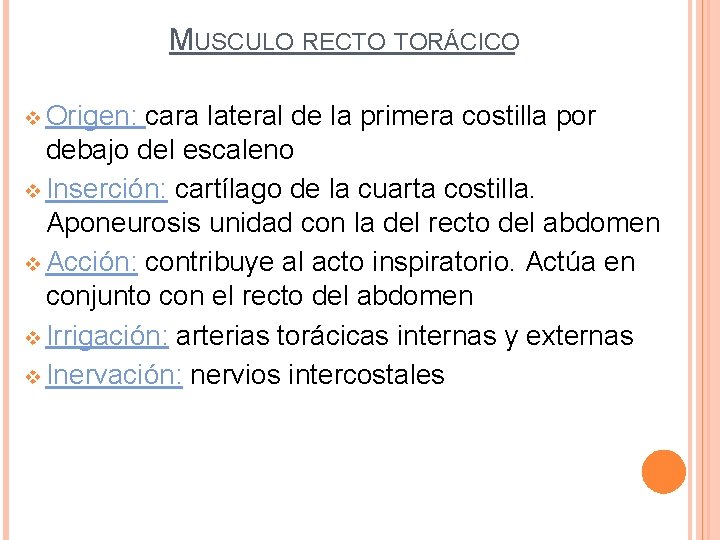 MUSCULO RECTO TORÁCICO v Origen: cara lateral de la primera costilla por debajo del