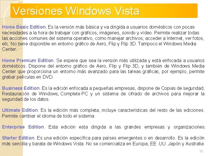 Versiones Windows Vista Home Basic Edition. Es la versión más básica y va dirigida