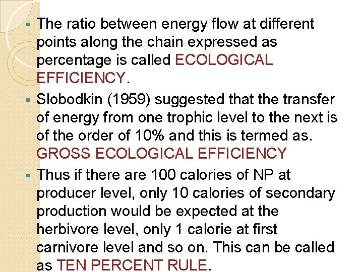The ratio between energy flow at different points along the chain expressed as percentage