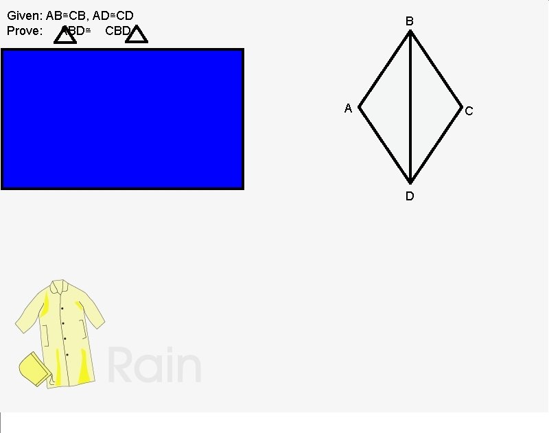 Given: AB≅CB, AD≅CD Prove: ABD≅ CBD Statements AB≅CB AD≅CD Reasons Given BD≅BD Triangle ABD