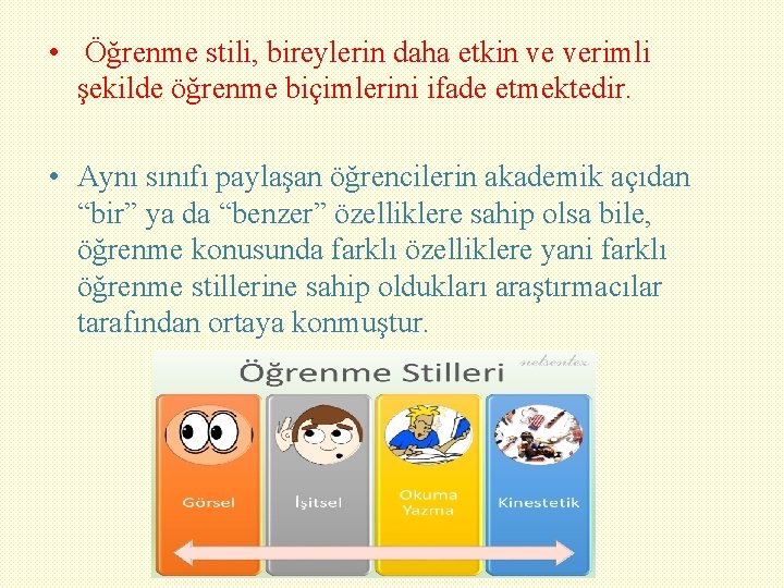  • Öğrenme stili, bireylerin daha etkin ve verimli şekilde öğrenme biçimlerini ifade etmektedir.