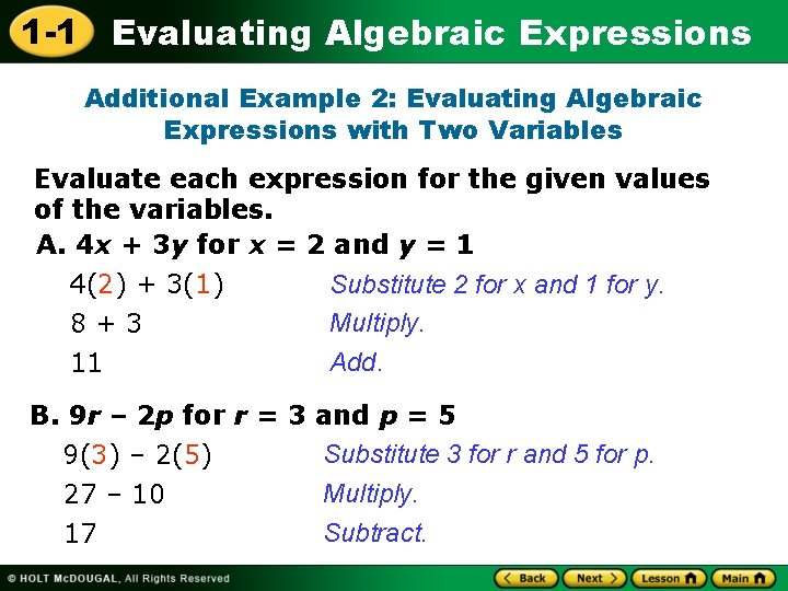 1 -1 Evaluating Algebraic Expressions Additional Example 2: Evaluating Algebraic Expressions with Two Variables