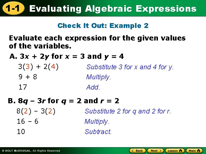 1 -1 Evaluating Algebraic Expressions Check It Out: Example 2 Evaluate each expression for