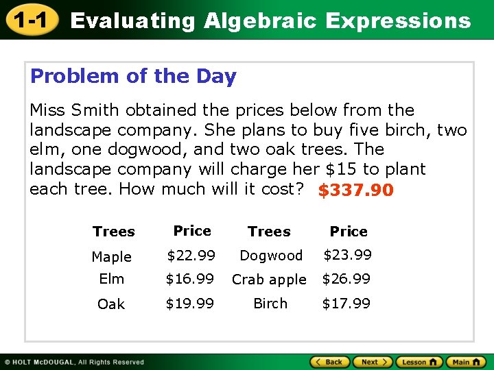1 -1 Evaluating Algebraic Expressions Problem of the Day Miss Smith obtained the prices