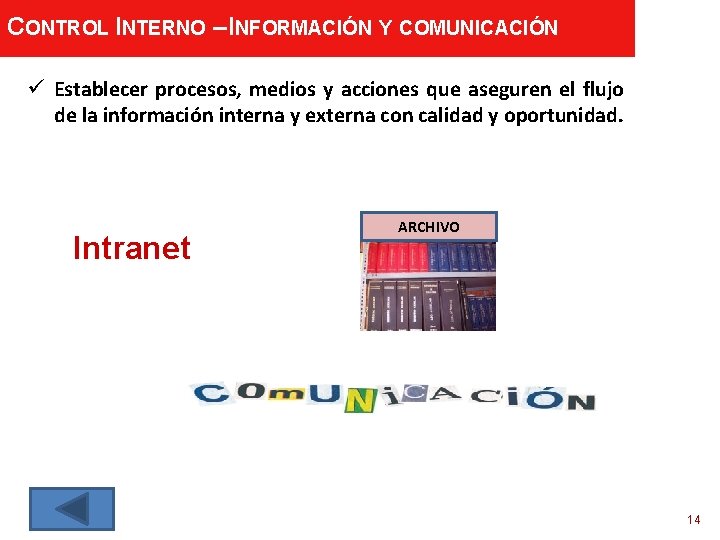 CONTROL INTERNO – INFORMACIÓN Y COMUNICACIÓN ü Establecer procesos, medios y acciones que aseguren