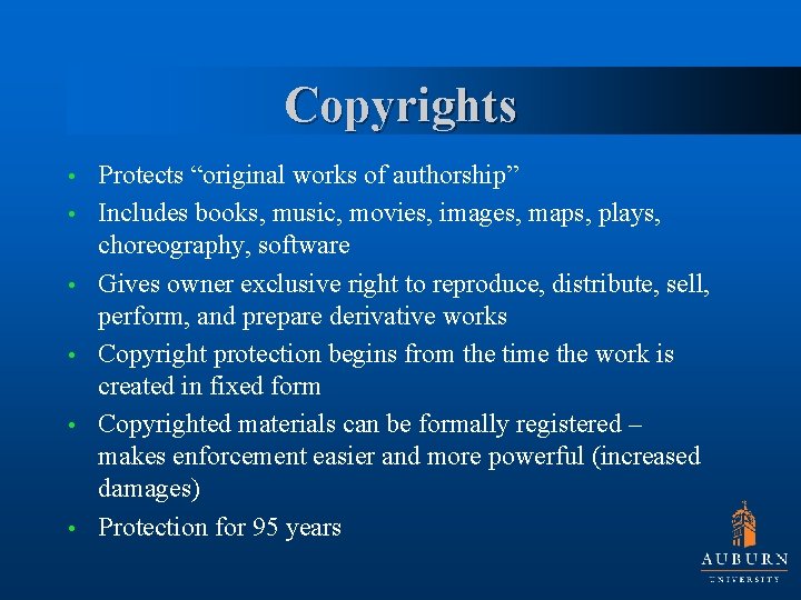 Copyrights • • • Protects “original works of authorship” Includes books, music, movies, images,