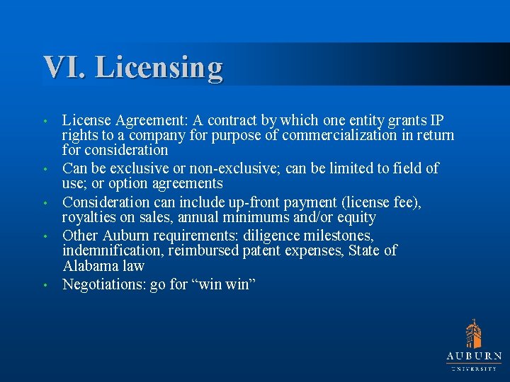VI. Licensing • • • License Agreement: A contract by which one entity grants
