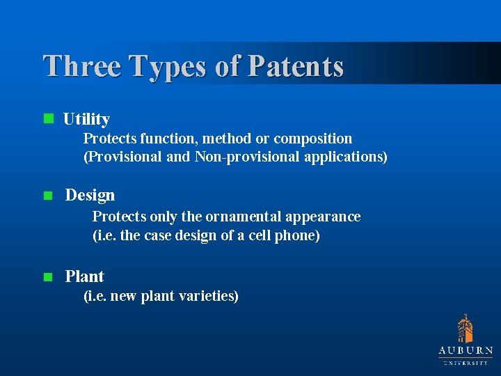 Three Types of Patents Utility Protects function, method or composition (Provisional and Non-provisional applications)