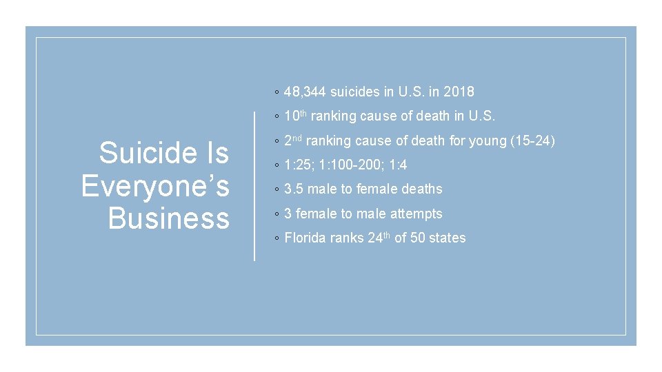 ◦ 48, 344 suicides in U. S. in 2018 ◦ 10 th ranking cause