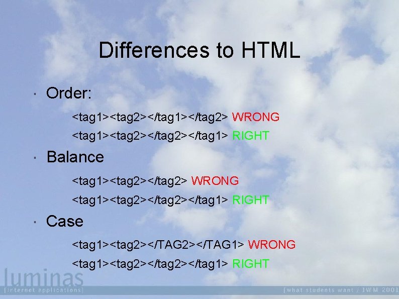 Differences to HTML " Order: <tag 1><tag 2></tag 1></tag 2> WRONG <tag 1><tag 2></tag