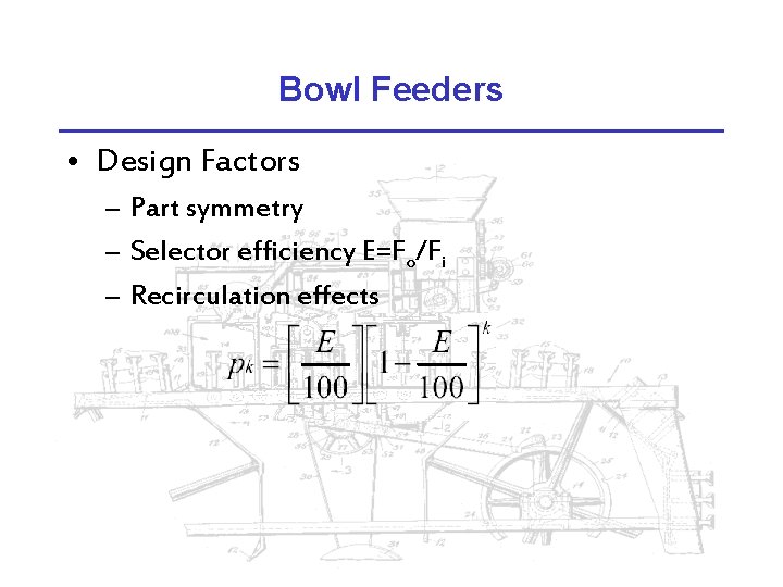 Bowl Feeders • Design Factors – Part symmetry – Selector efficiency E=Fo/Fi – Recirculation