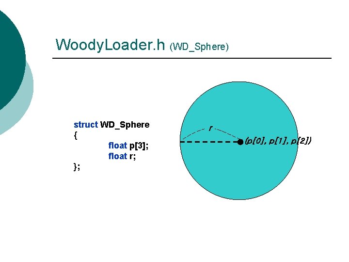 Woody. Loader. h (WD_Sphere) struct WD_Sphere { float p[3]; float r; }; r (p[0],
